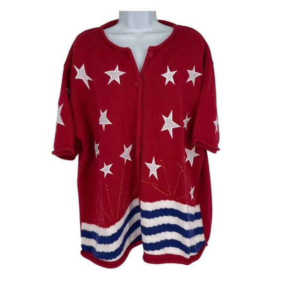Quaker Factory Womens Short Sleeve Red Stars Stripes Embroidered Cardigan Sz 2X - Picture 1 of 8